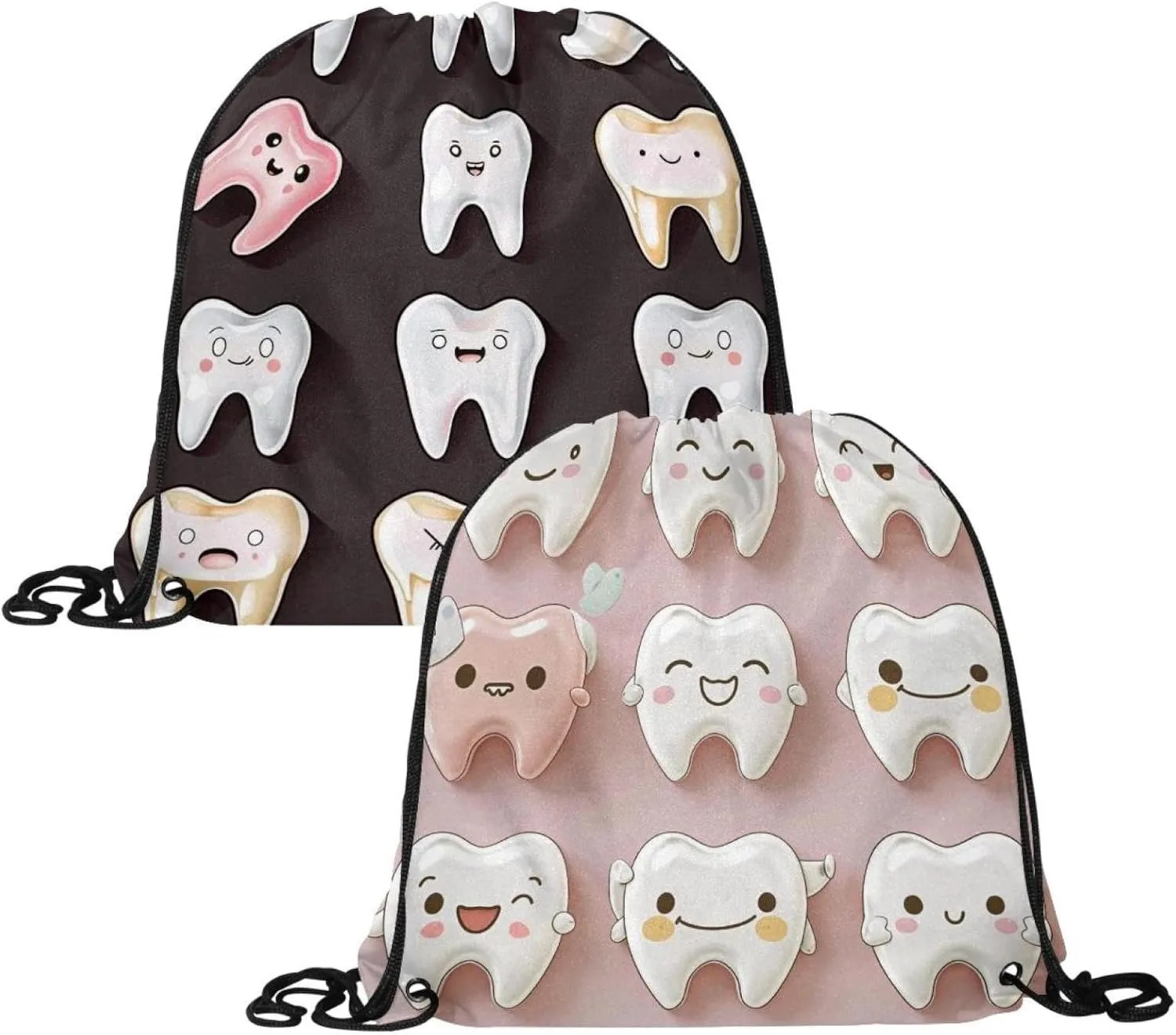 2PCS Cute Teeth Draw String Bags Drawstring Backpack for Sports, Gym, Travel, Swimming, Beach