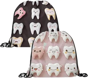 2PCS Cute Teeth Draw String Bags Drawstring Backpack for Sports, Gym, Travel, Swimming, Beach