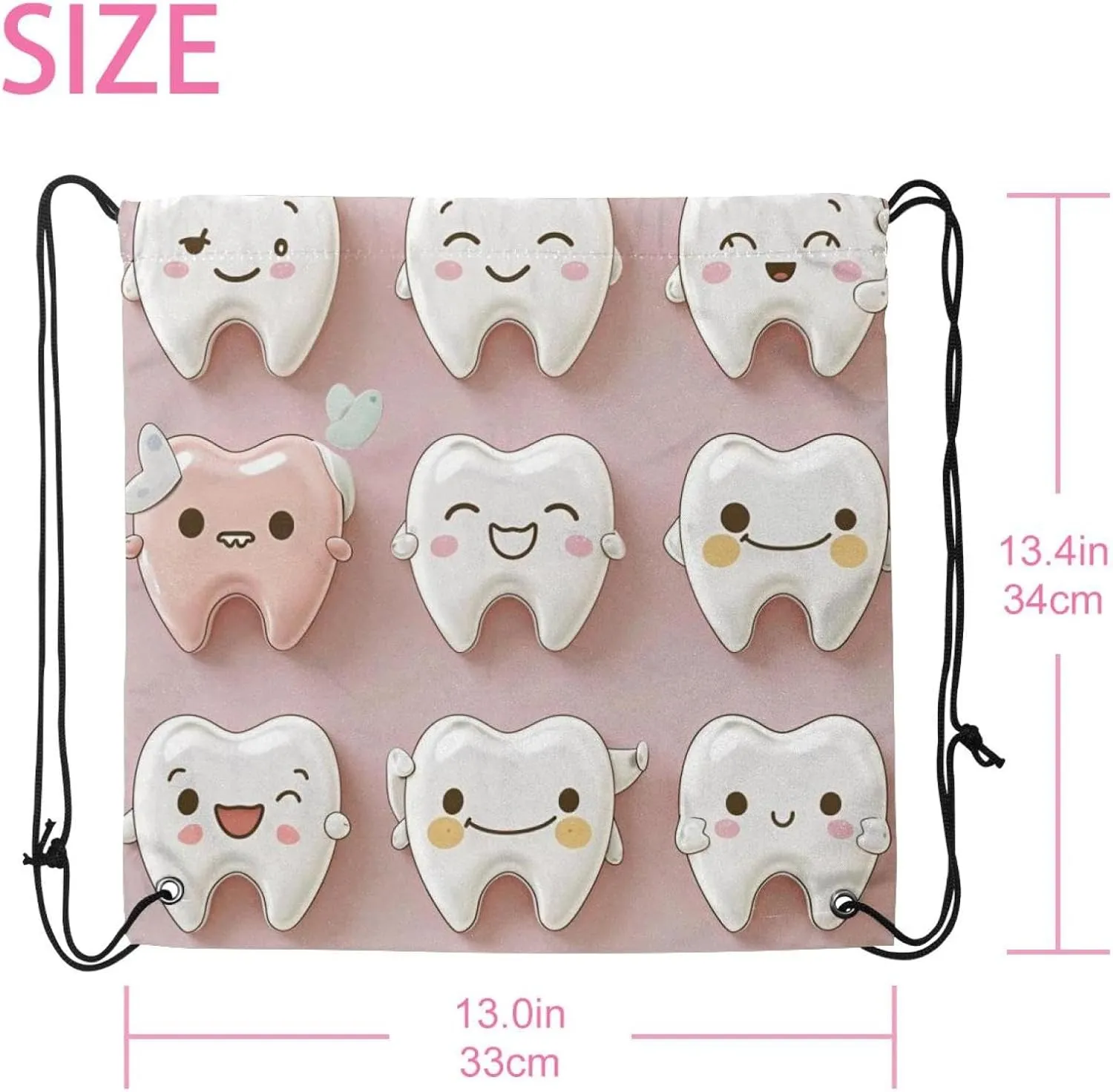 2PCS Cute Teeth Draw String Bags Drawstring Backpack for Sports, Gym, Travel, Swimming, Beach