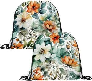 2PCS Flowers and Green Leaves Drawstring Bags Drawstring Gym Bag
