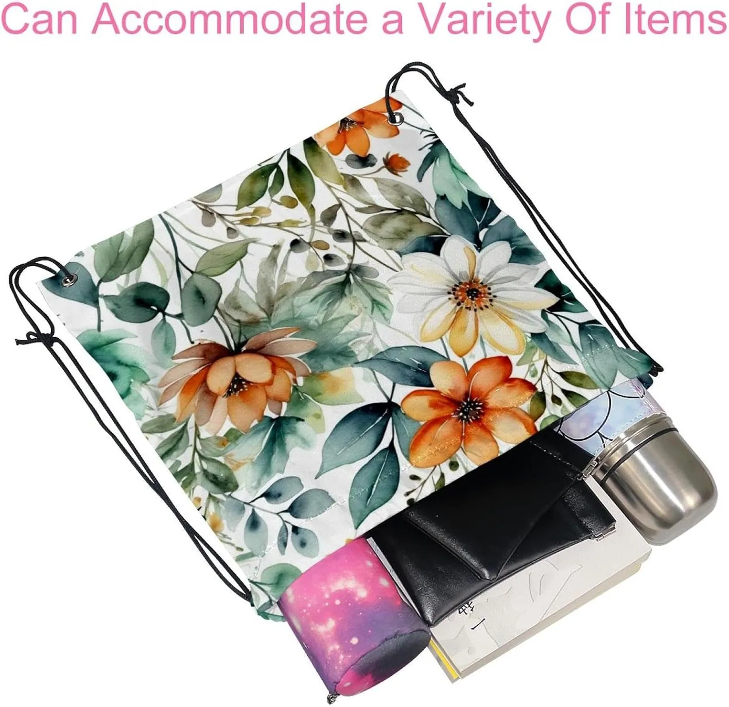 2PCS Flowers and Green Leaves Drawstring Bags Drawstring Gym Bag