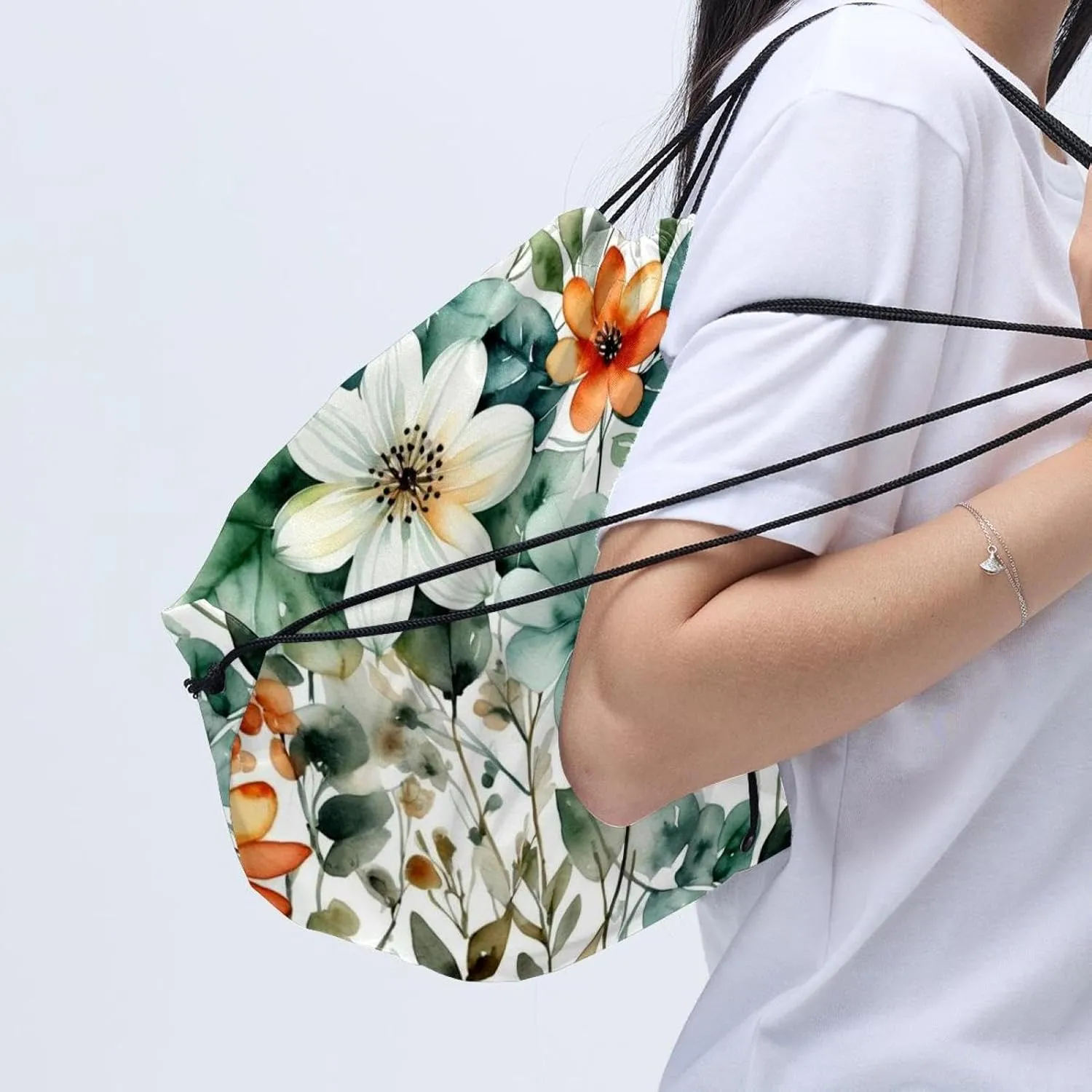 2PCS Flowers and Green Leaves Drawstring Bags Drawstring Gym Bag