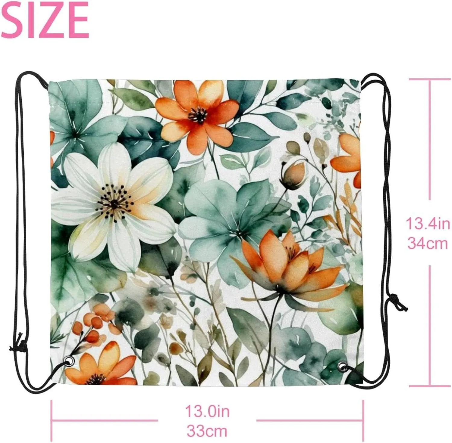 2PCS Flowers and Green Leaves Drawstring Bags Drawstring Gym Bag
