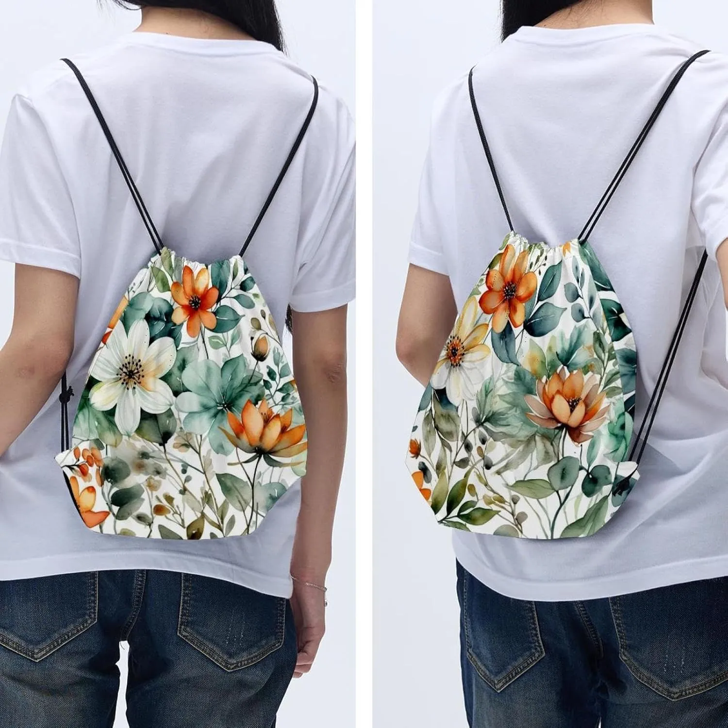 2PCS Flowers and Green Leaves Drawstring Bags Drawstring Gym Bag