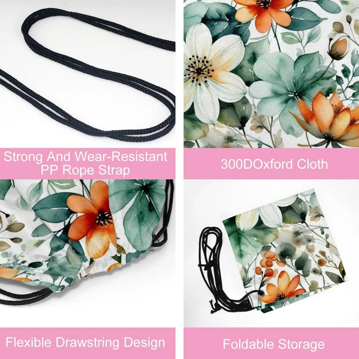2PCS Flowers and Green Leaves Drawstring Bags Drawstring Gym Bag
