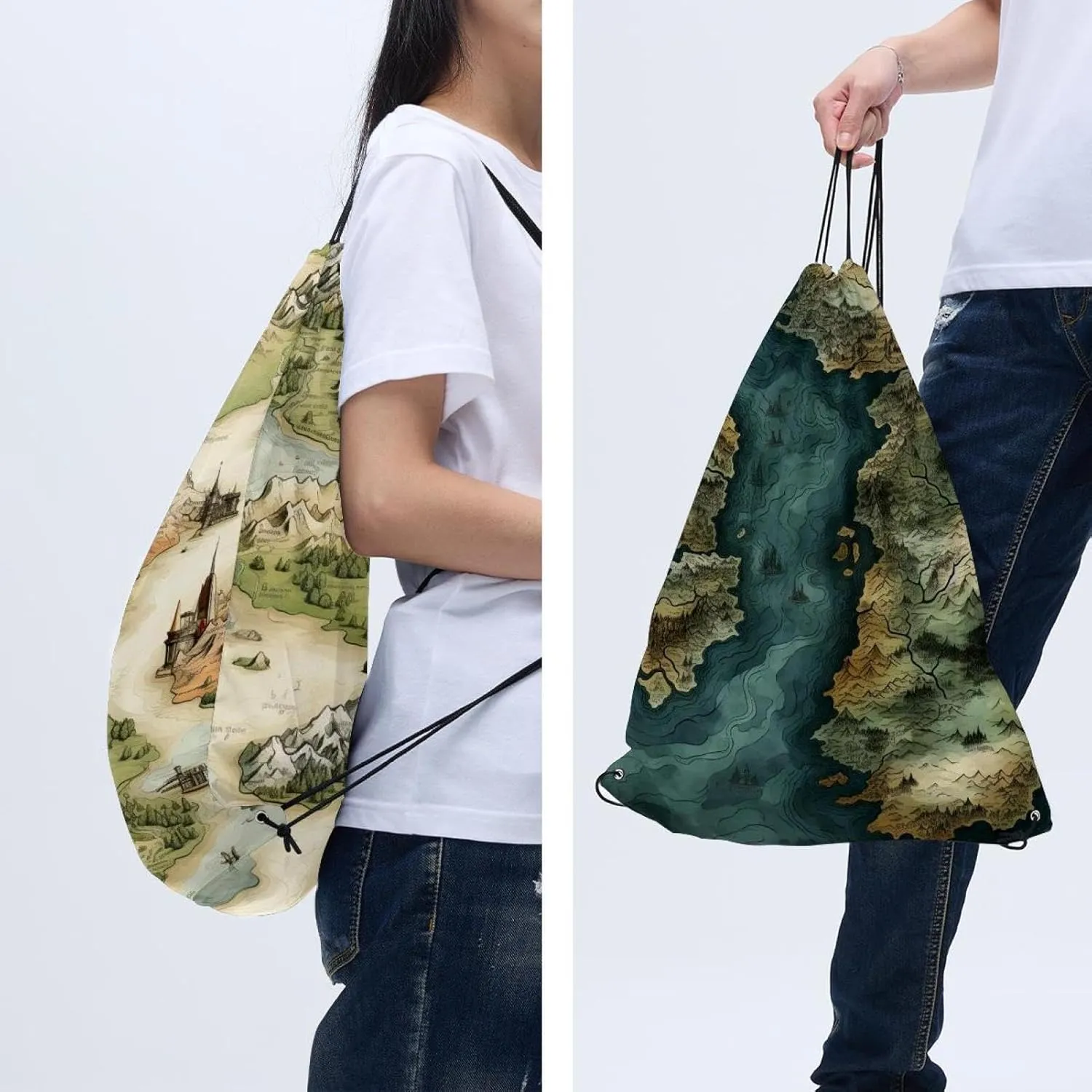 2PCS Map Block Drawstring Bags Drawstring Gym Bag