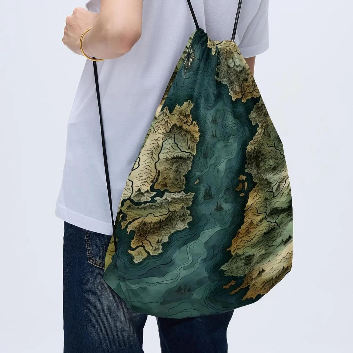 2PCS Map Block Drawstring Bags Drawstring Gym Bag