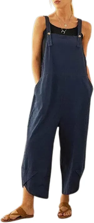 Akivide Plus Size Cotton Linen Overalls for Women Summer Casual Loose Sleeveless Baggy Wide Leg Jumpsuit with Pockets