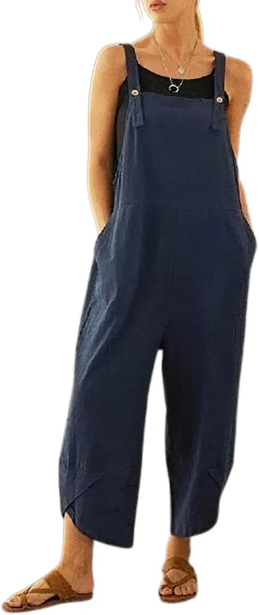 Akivide Plus Size Cotton Linen Overalls for Women Summer Casual Loose Sleeveless Baggy Wide Leg Jumpsuit with Pockets