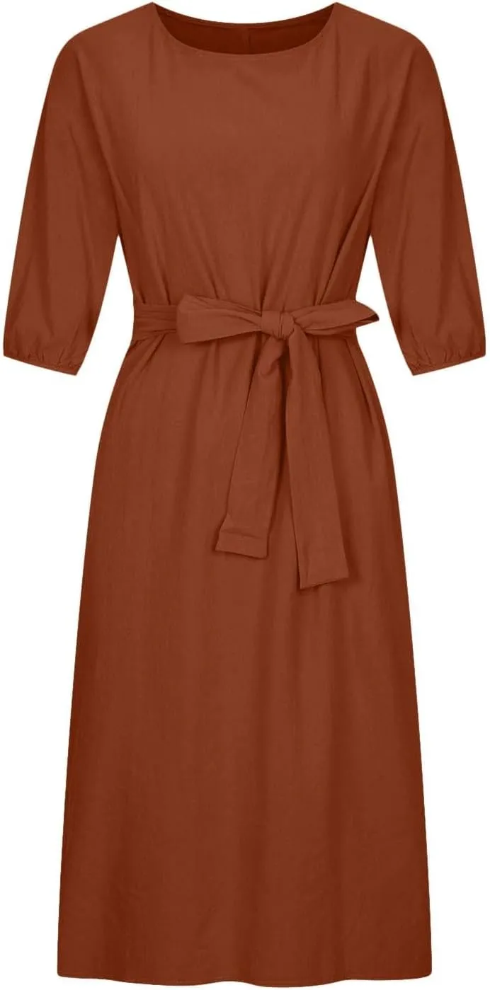 Akivide Women's Cotton Linen Puff Half Sleeve Tie Belt Midi Dress Summer Casual Vacation Shift Crewneck Tshirt Dress