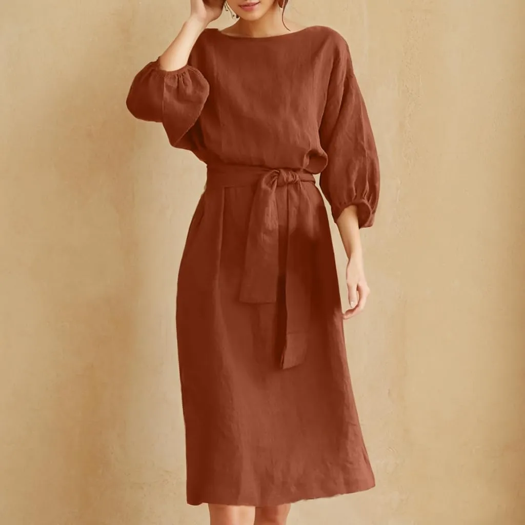 Akivide Women's Cotton Linen Puff Half Sleeve Tie Belt Midi Dress Summer Casual Vacation Shift Crewneck Tshirt Dress