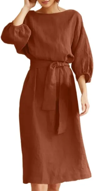 Akivide Women's Cotton Linen Puff Half Sleeve Tie Belt Midi Dress Summer Casual Vacation Shift Crewneck Tshirt Dress