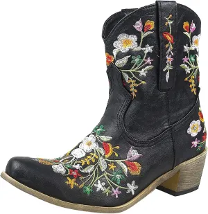 AMDBEL Womens Boots Fall 2023, Women's Boots Winter, Cowboy Boots for Women Mid Calf Cowgirl Western Boots Sunflower Embroidery Stitched Square Toe Low Heel Ankle Boots