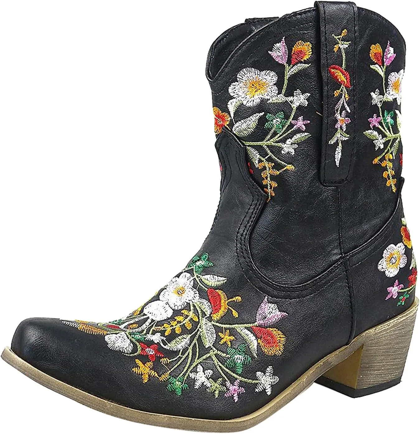 AMDBEL Womens Boots Fall 2023, Women's Boots Winter, Cowboy Boots for Women Mid Calf Cowgirl Western Boots Sunflower Embroidery Stitched Square Toe Low Heel Ankle Boots