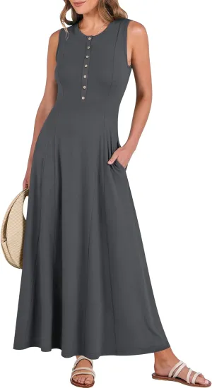ANRABESS Women Summer Casual Sleeveless Maxi Sundress Button Fit & Flare A-Line Flowy Long Dresses 2025 Beach Outfits