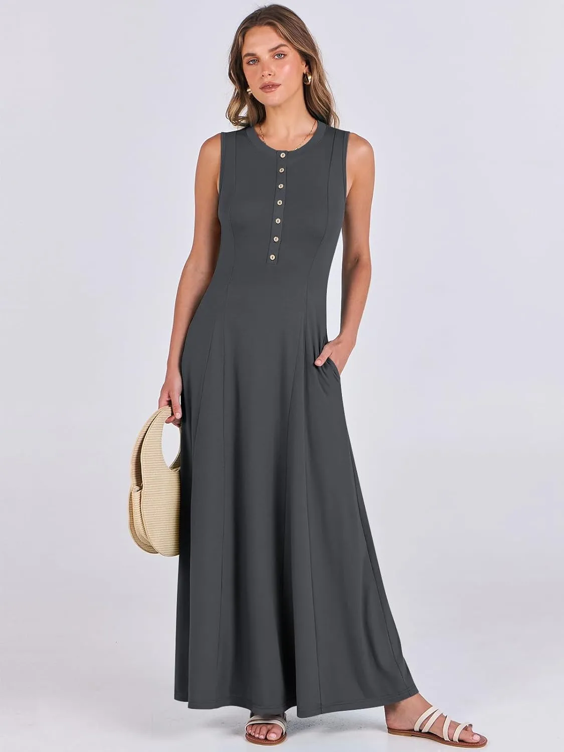 ANRABESS Women Summer Casual Sleeveless Maxi Sundress Button Fit & Flare A-Line Flowy Long Dresses 2025 Beach Outfits