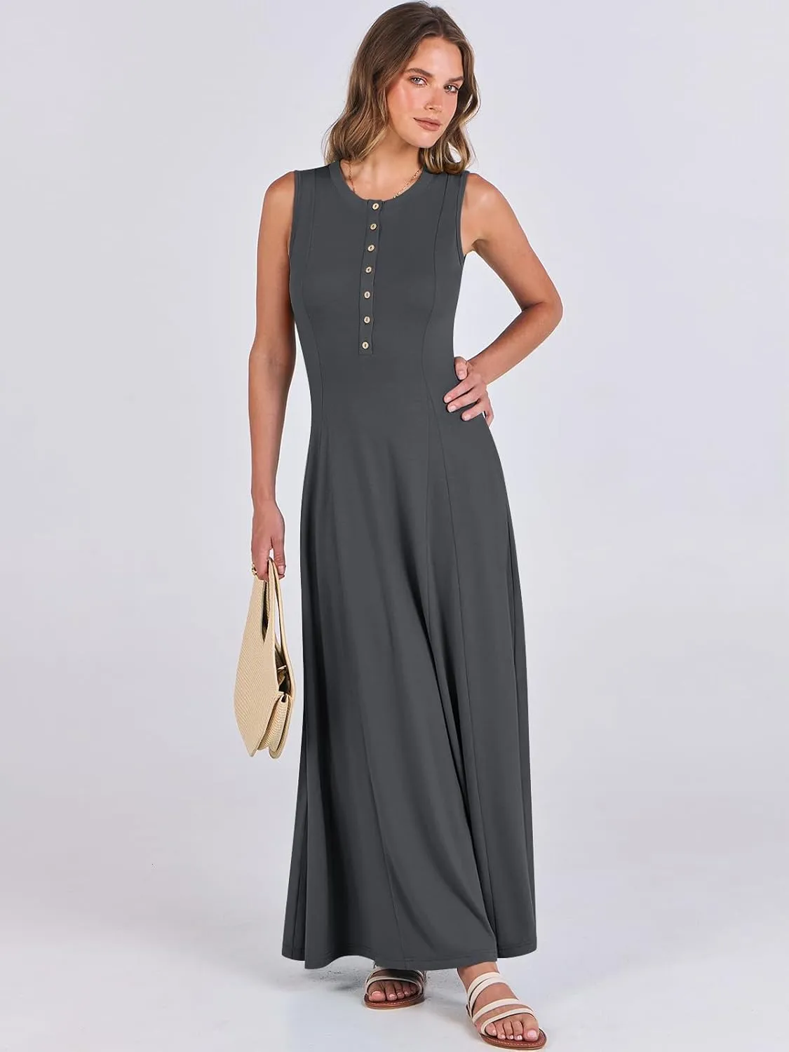 ANRABESS Women Summer Casual Sleeveless Maxi Sundress Button Fit & Flare A-Line Flowy Long Dresses 2025 Beach Outfits