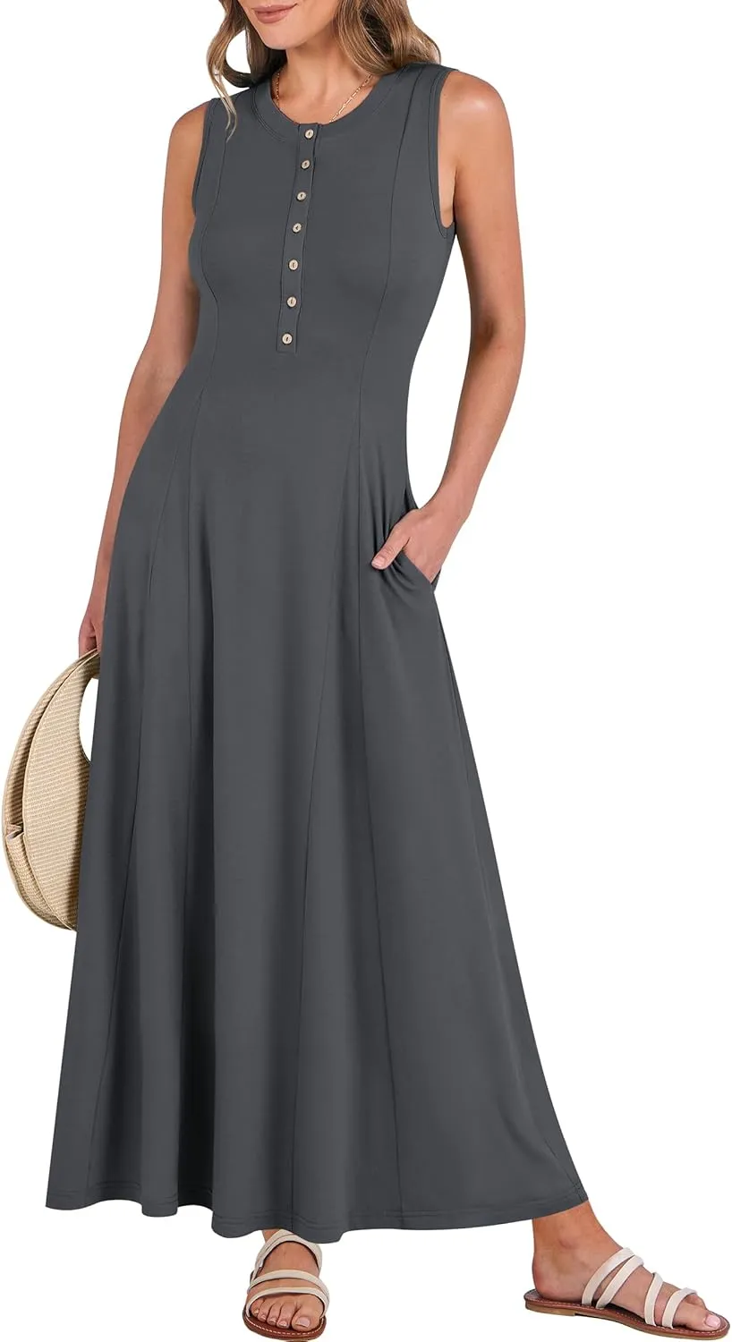 ANRABESS Women Summer Casual Sleeveless Maxi Sundress Button Fit & Flare A-Line Flowy Long Dresses 2025 Beach Outfits