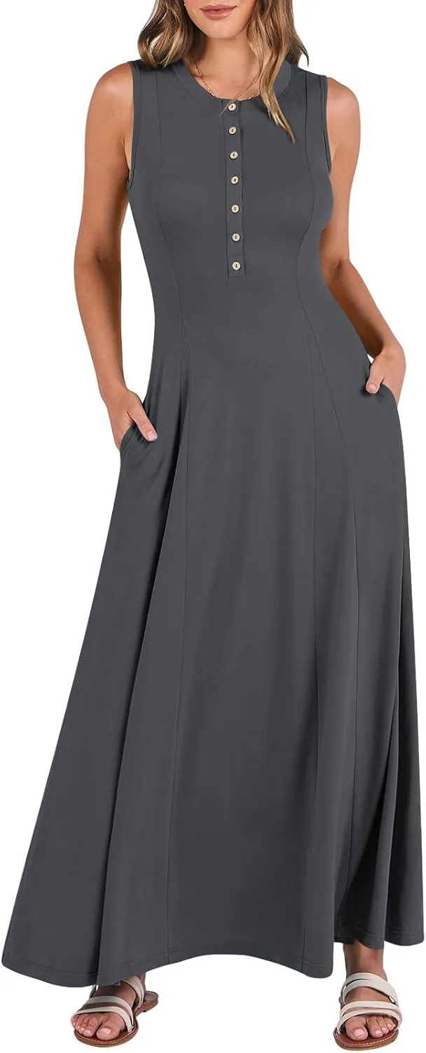ANRABESS Women Summer Casual Sleeveless Maxi Sundress Button Fit & Flare A-Line Flowy Long Dresses 2025 Beach Outfits