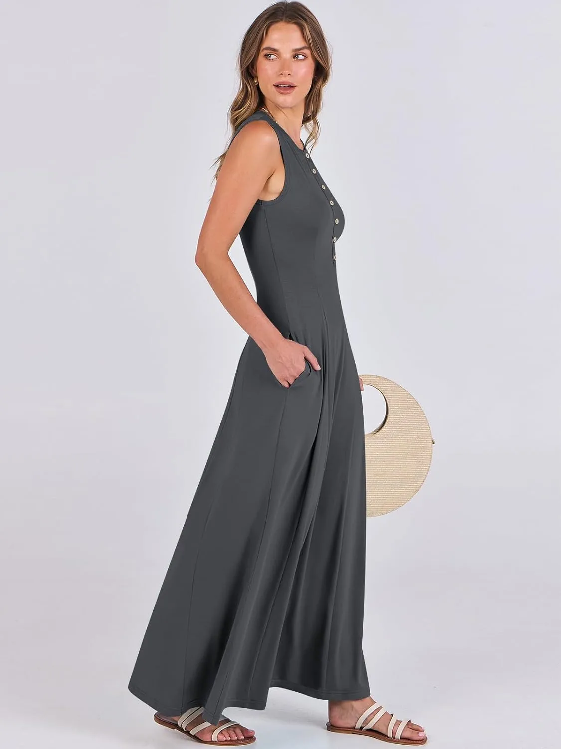 ANRABESS Women Summer Casual Sleeveless Maxi Sundress Button Fit & Flare A-Line Flowy Long Dresses 2025 Beach Outfits