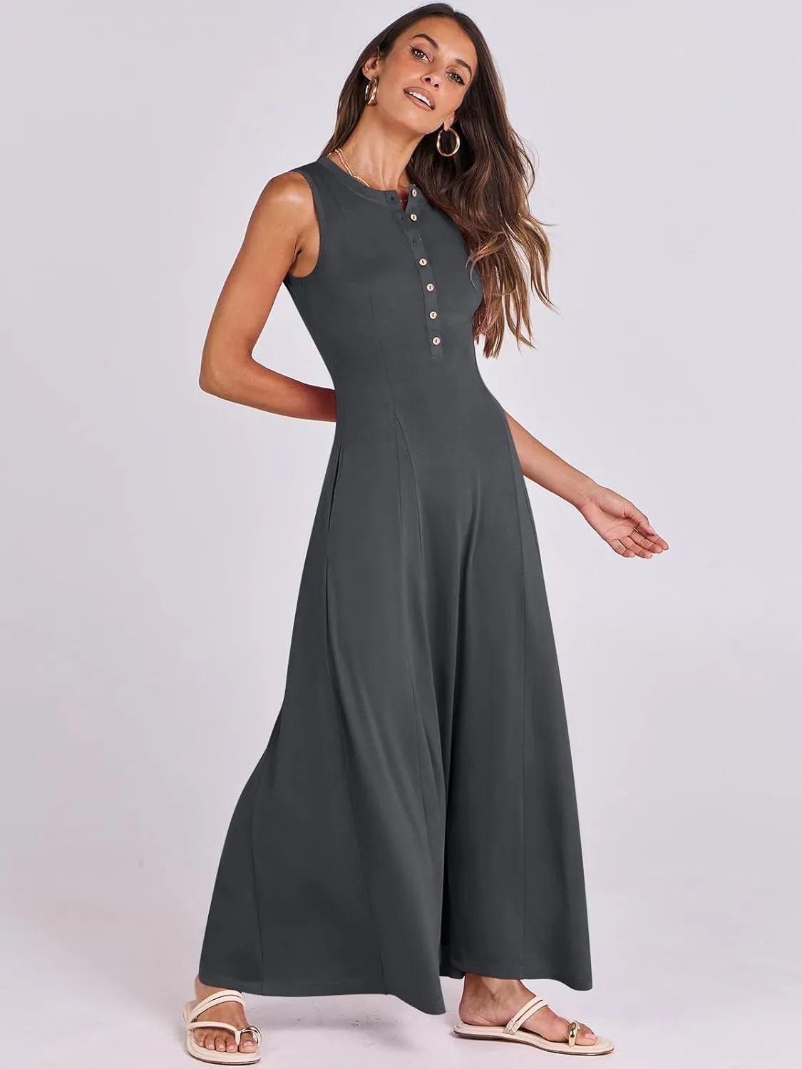 ANRABESS Women Summer Casual Sleeveless Maxi Sundress Button Fit & Flare A-Line Flowy Long Dresses 2025 Beach Outfits