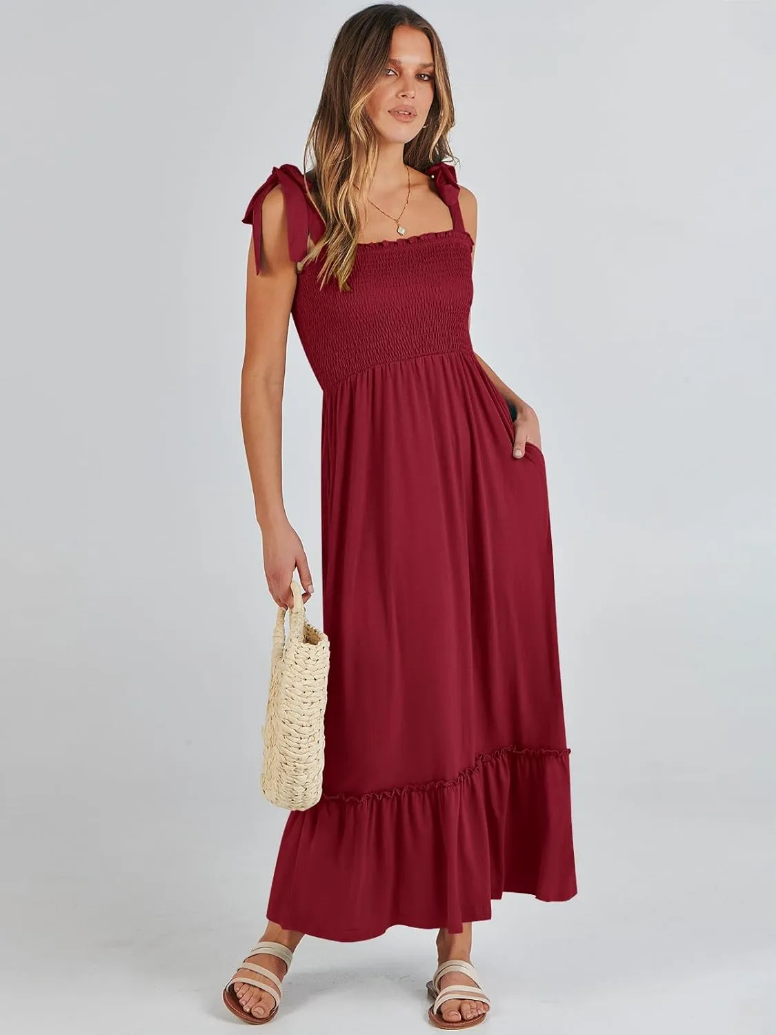 ANRABESS Women Summer Casual Strap Smocked Maxi Flowy Tiered A Line Beach Travel Sundress Wedding Guest Outfits
