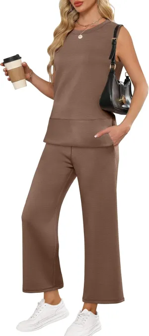 ANRABESS Women's 2 Piece Sets Summer Travel Airplane Outfits Sleeveless Wide Leg Casual Lounge Matching Sweat Set Sweatsuits