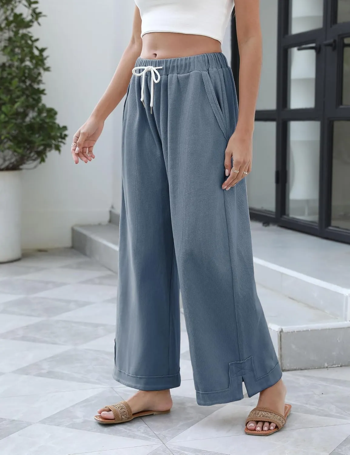 Athlisan Womens Baggy Wide Leg Palazzo Pants Casual Loose Drawstring Elastic Waisted Lounge Trousers with Pockets