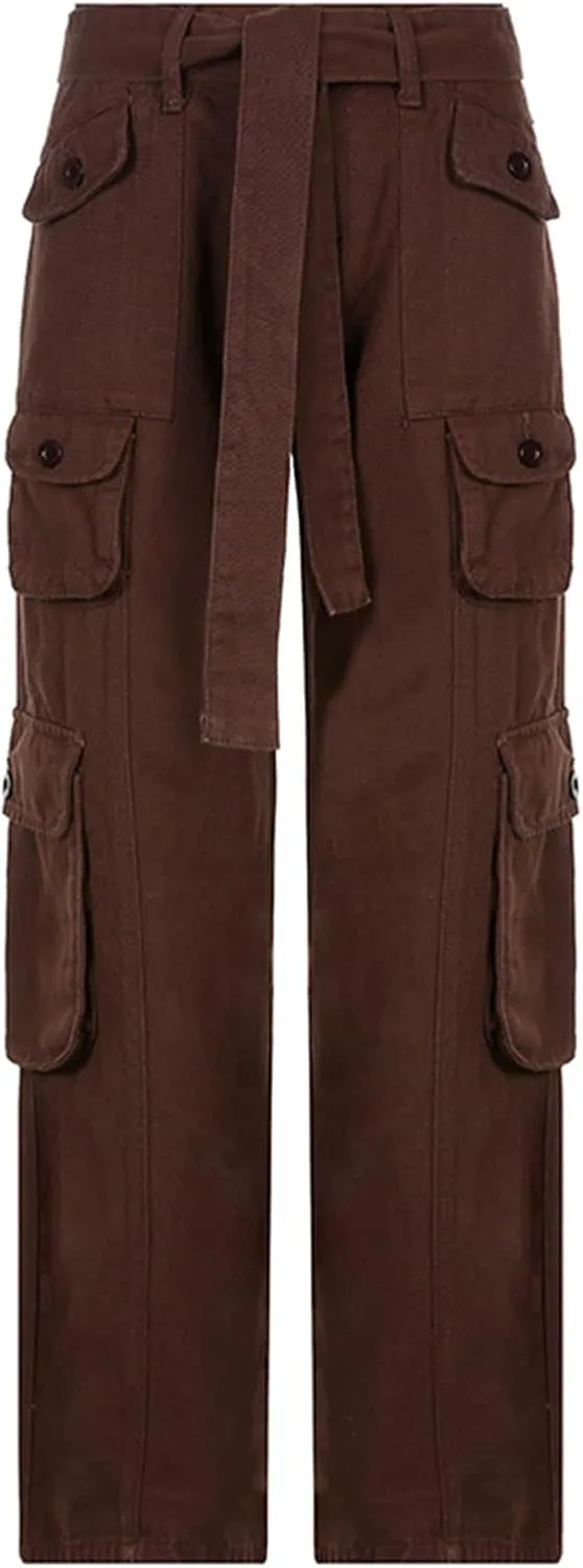 Awoscut Women's Y2k Cargo Pants Casual Straight Leg High Rise Baggy Joggers Trousers with Multiple Pockets Streetwear