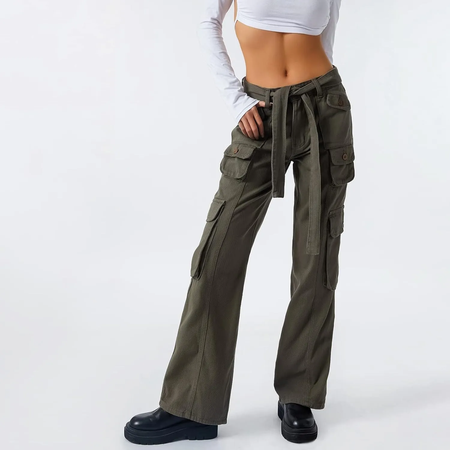 Awoscut Women's Y2k Cargo Pants Casual Straight Leg High Rise Baggy Joggers Trousers with Multiple Pockets Streetwear