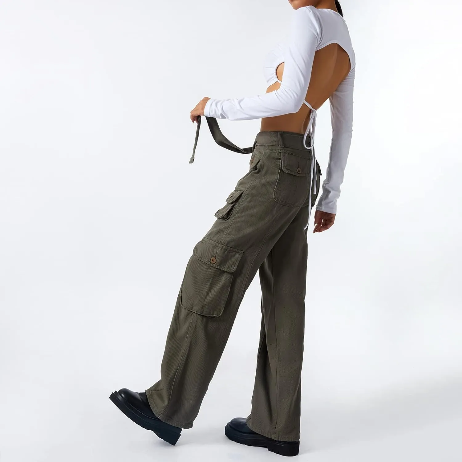 Awoscut Women's Y2k Cargo Pants Casual Straight Leg High Rise Baggy Joggers Trousers with Multiple Pockets Streetwear