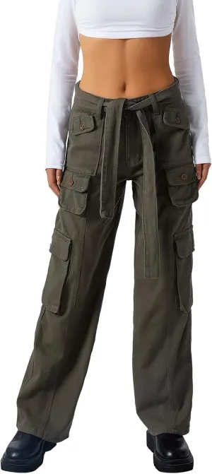 Awoscut Women's Y2k Cargo Pants Casual Straight Leg High Rise Baggy Joggers Trousers with Multiple Pockets Streetwear