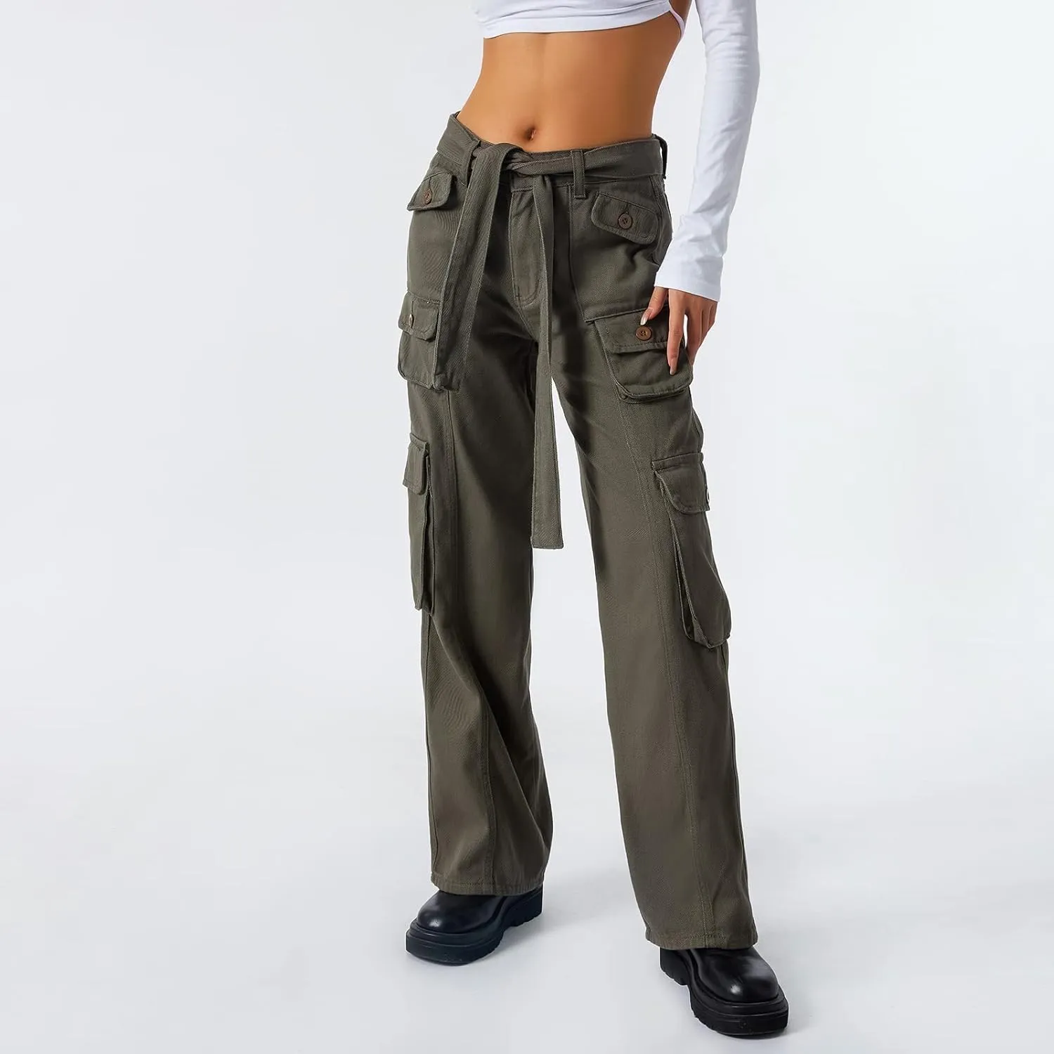 Awoscut Women's Y2k Cargo Pants Casual Straight Leg High Rise Baggy Joggers Trousers with Multiple Pockets Streetwear