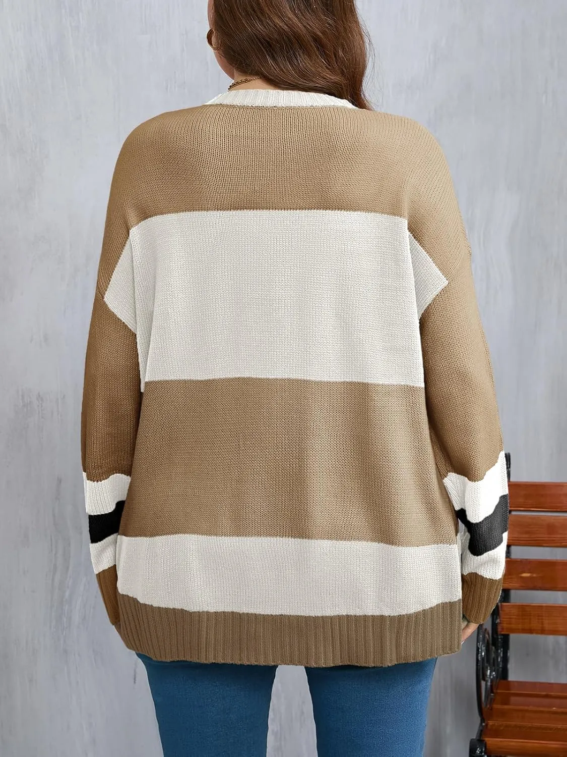 Beautife Womens Plus Size Ski Print Color Block Sweater Fall Trendy Crew Neck Long Sleeve Loose Pullover Knit Tops
