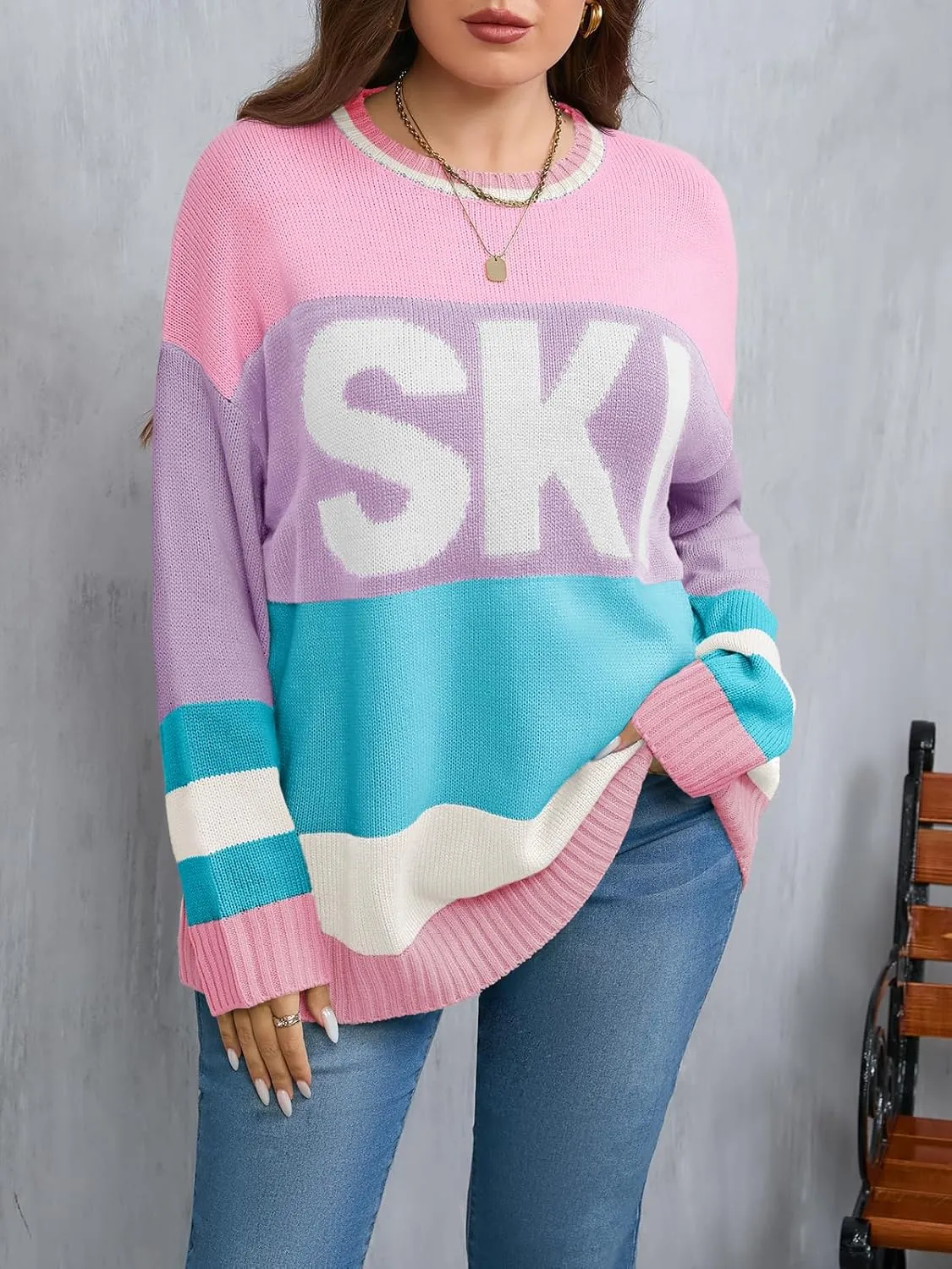 Beautife Womens Plus Size Ski Print Color Block Sweater Fall Trendy Crew Neck Long Sleeve Loose Pullover Knit Tops