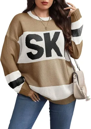 Beautife Womens Plus Size Ski Print Color Block Sweater Fall Trendy Crew Neck Long Sleeve Loose Pullover Knit Tops