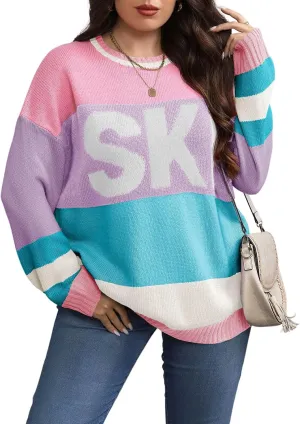 Beautife Womens Plus Size Ski Print Color Block Sweater Fall Trendy Crew Neck Long Sleeve Loose Pullover Knit Tops