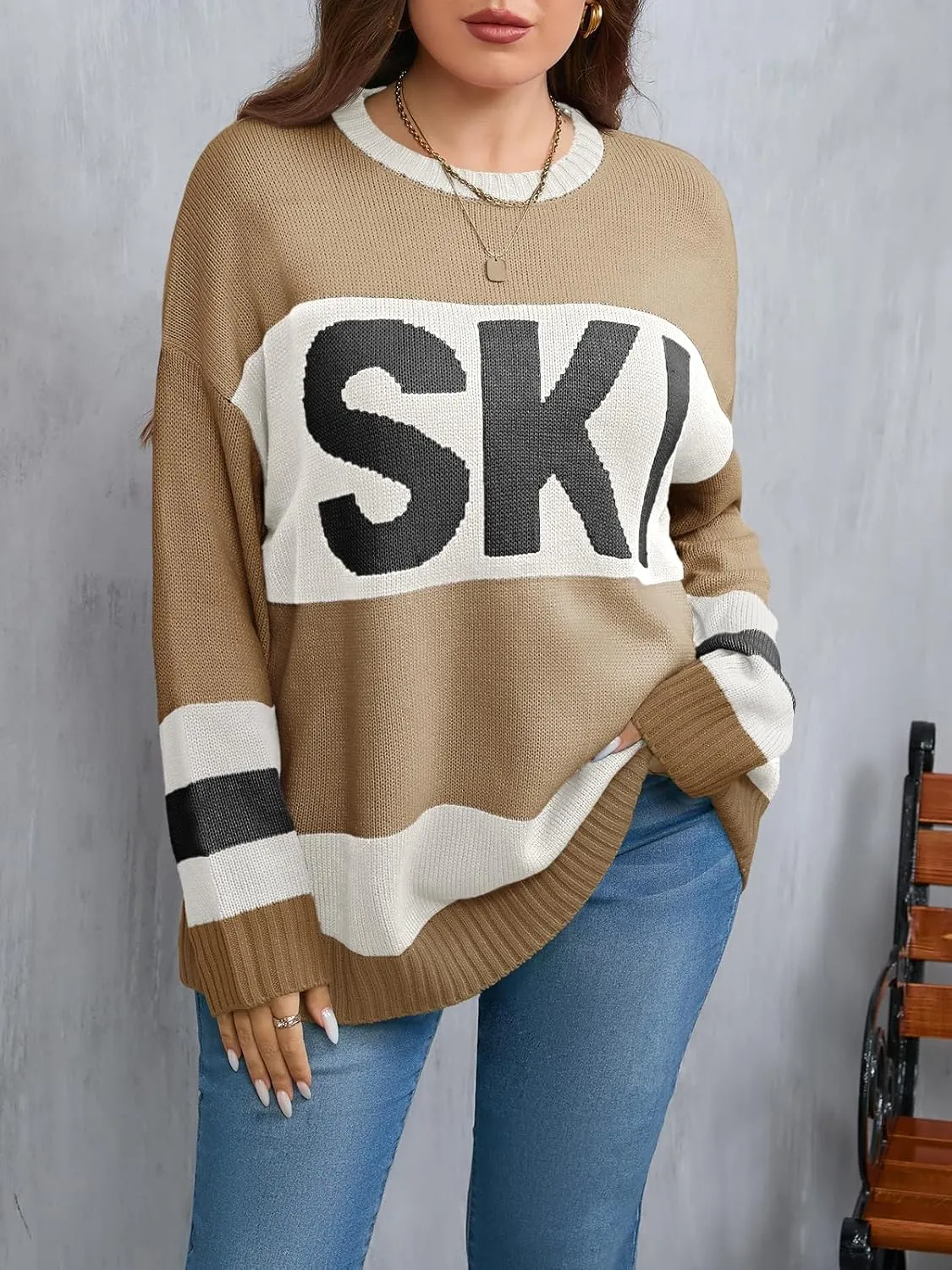 Beautife Womens Plus Size Ski Print Color Block Sweater Fall Trendy Crew Neck Long Sleeve Loose Pullover Knit Tops