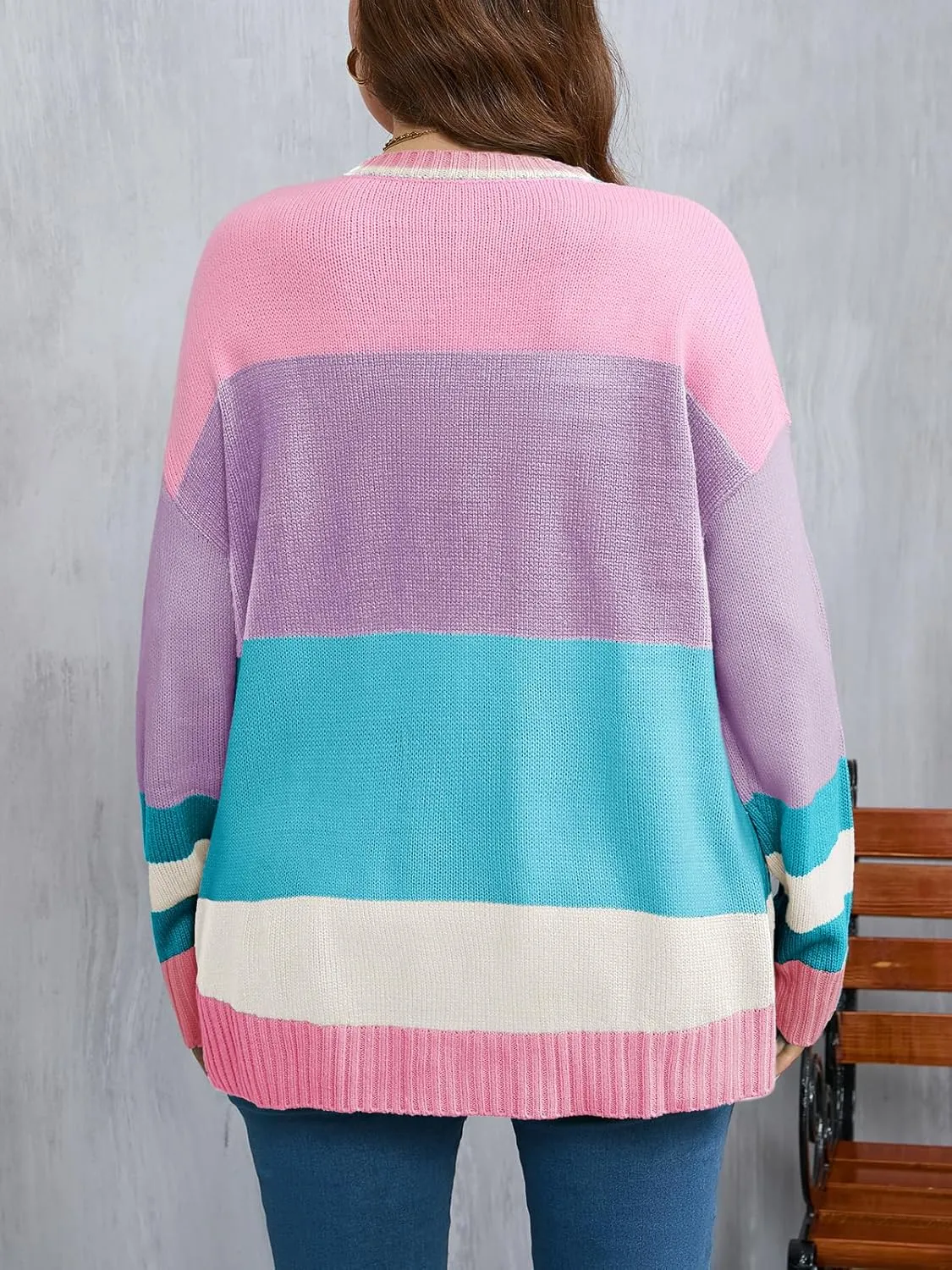 Beautife Womens Plus Size Ski Print Color Block Sweater Fall Trendy Crew Neck Long Sleeve Loose Pullover Knit Tops