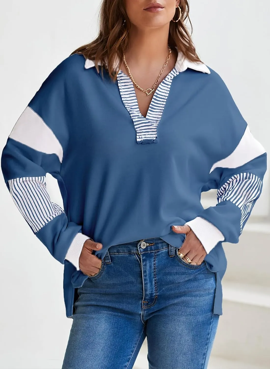 BLENCOT Women's Casual Striped Half Zip Up Drop Shoulder Sweatshirt Oversized Long Sleeve Pullover Tops with Pockets