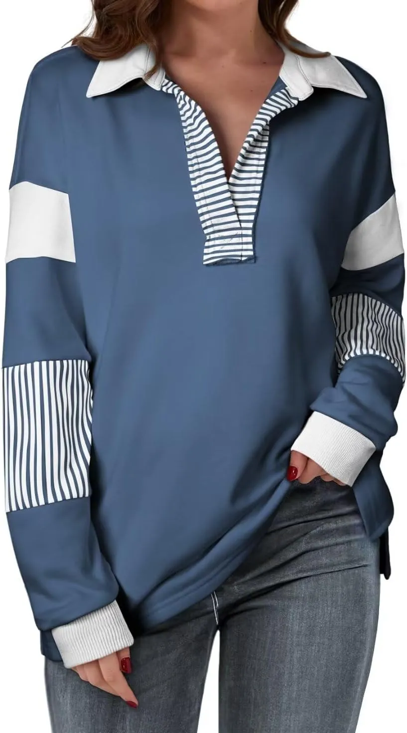 BLENCOT Women's Casual Striped Half Zip Up Drop Shoulder Sweatshirt Oversized Long Sleeve Pullover Tops with Pockets