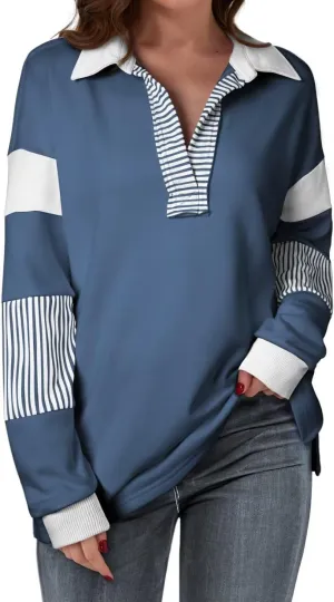 BLENCOT Women's Casual Striped Half Zip Up Drop Shoulder Sweatshirt Oversized Long Sleeve Pullover Tops with Pockets