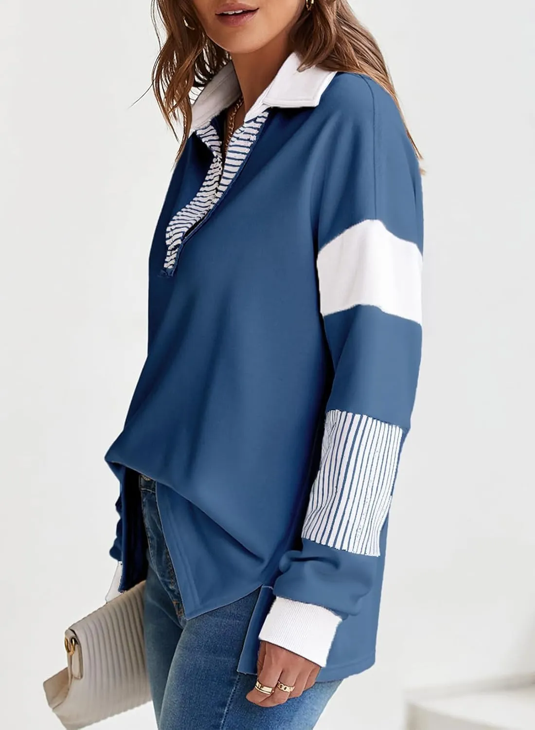 BLENCOT Women's Casual Striped Half Zip Up Drop Shoulder Sweatshirt Oversized Long Sleeve Pullover Tops with Pockets