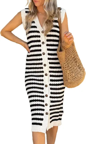 BLENCOT Women's V Neck Striped Summer Tank Dress Causal Sleeveless Button Cardigan Midi Cover Up Dresses