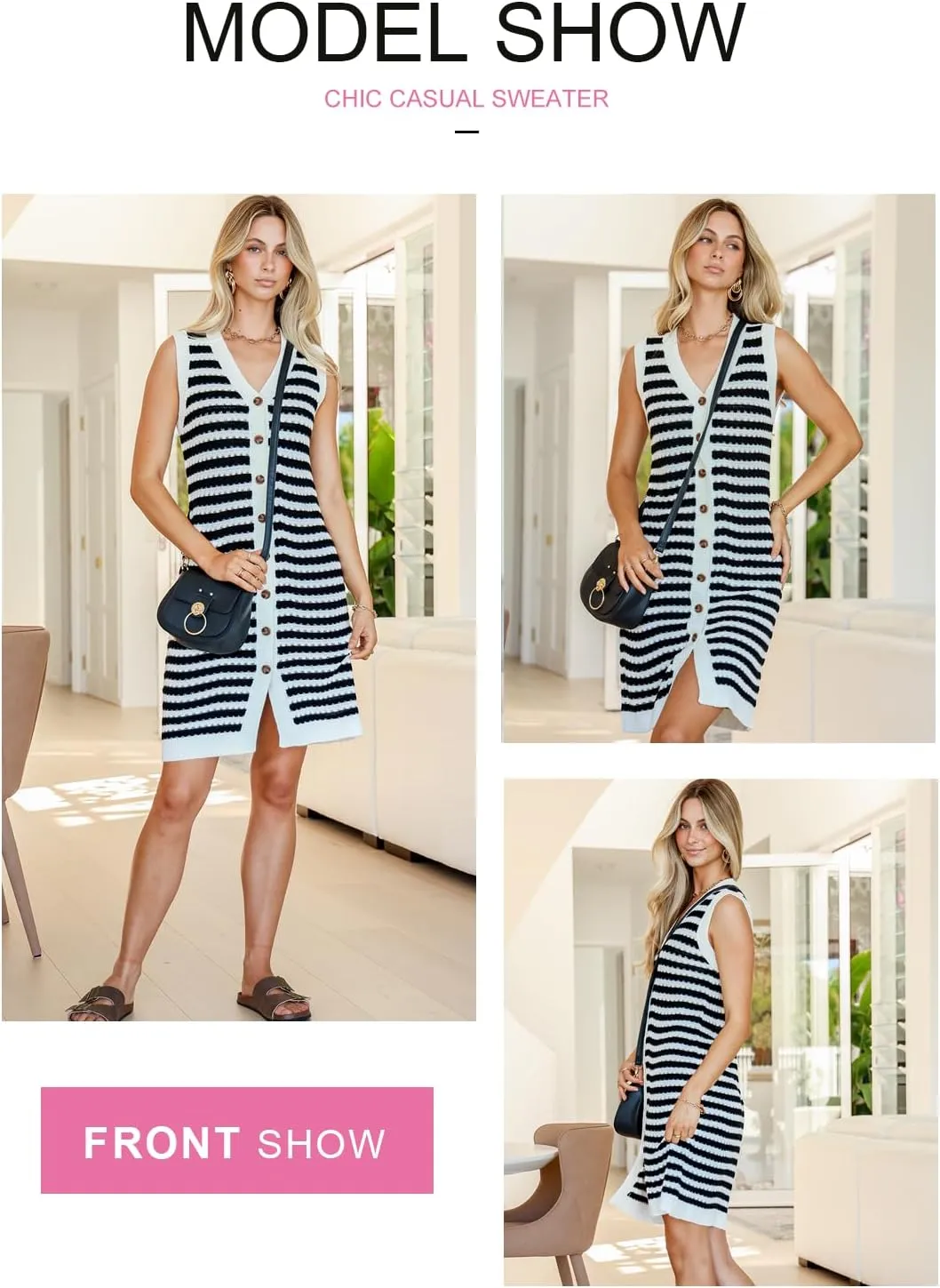 BLENCOT Women's V Neck Striped Summer Tank Dress Causal Sleeveless Button Cardigan Midi Cover Up Dresses