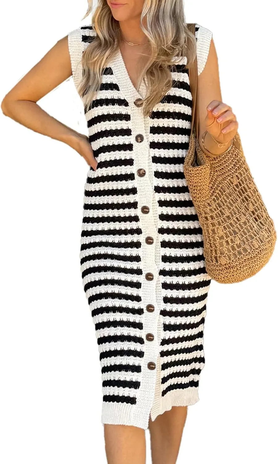 BLENCOT Women's V Neck Striped Summer Tank Dress Causal Sleeveless Button Cardigan Midi Cover Up Dresses