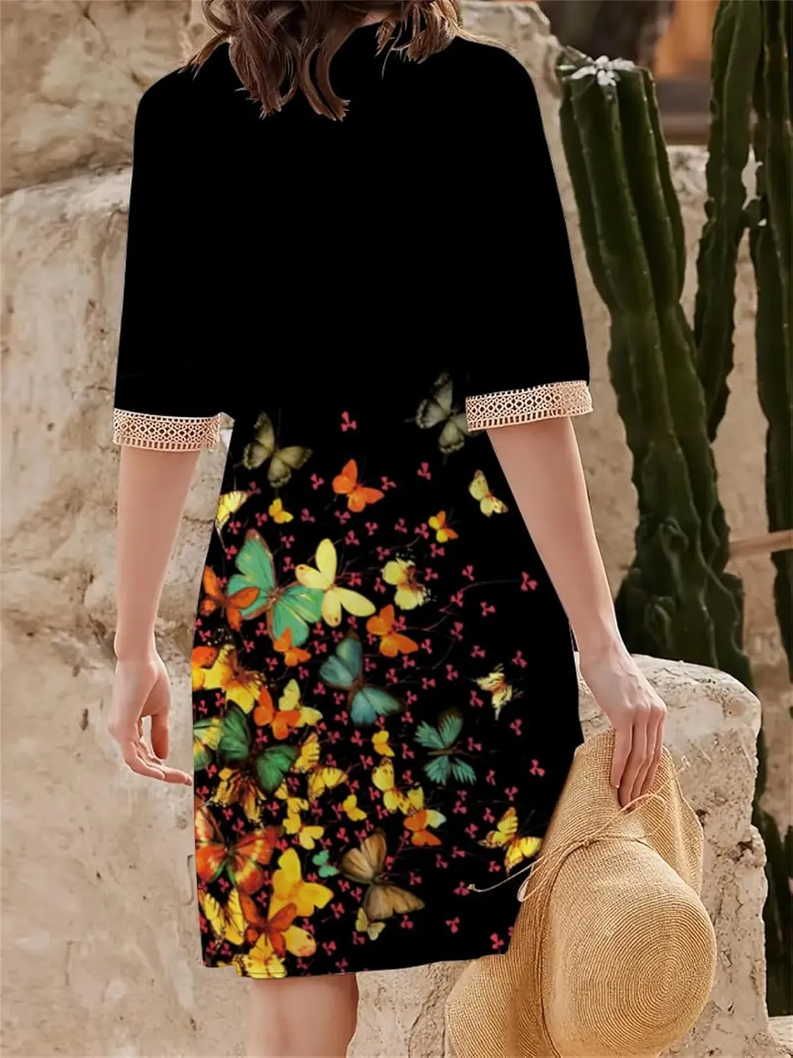 Boho Floral Print Midi Dress for Women Lace V Neck Short Sleeve Summer Casual A Line Dresses with Pockets
