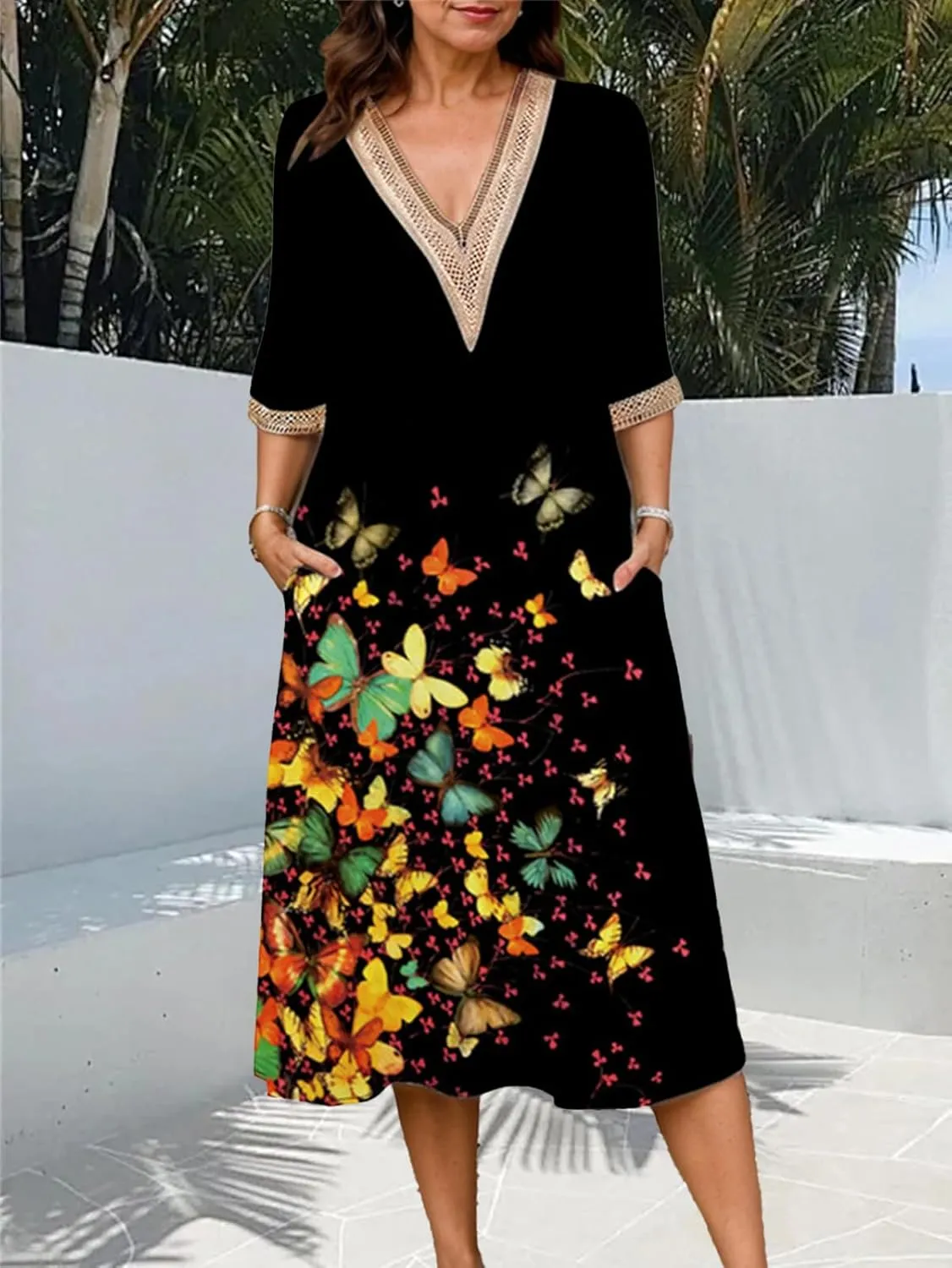 Boho Floral Print Midi Dress for Women Lace V Neck Short Sleeve Summer Casual A Line Dresses with Pockets