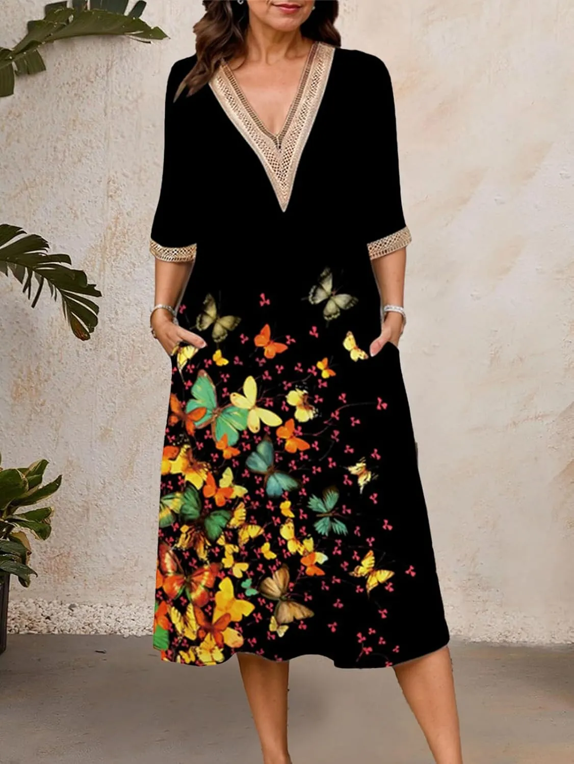 Boho Floral Print Midi Dress for Women Lace V Neck Short Sleeve Summer Casual A Line Dresses with Pockets