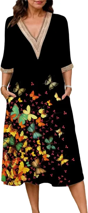 Boho Floral Print Midi Dress for Women Lace V Neck Short Sleeve Summer Casual A Line Dresses with Pockets
